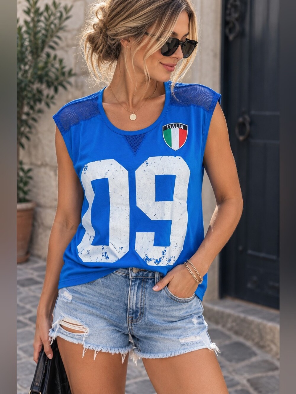 SWS Women’s Large Italy 09 Blue Varsity Graphic Tee Mesh Shoulders